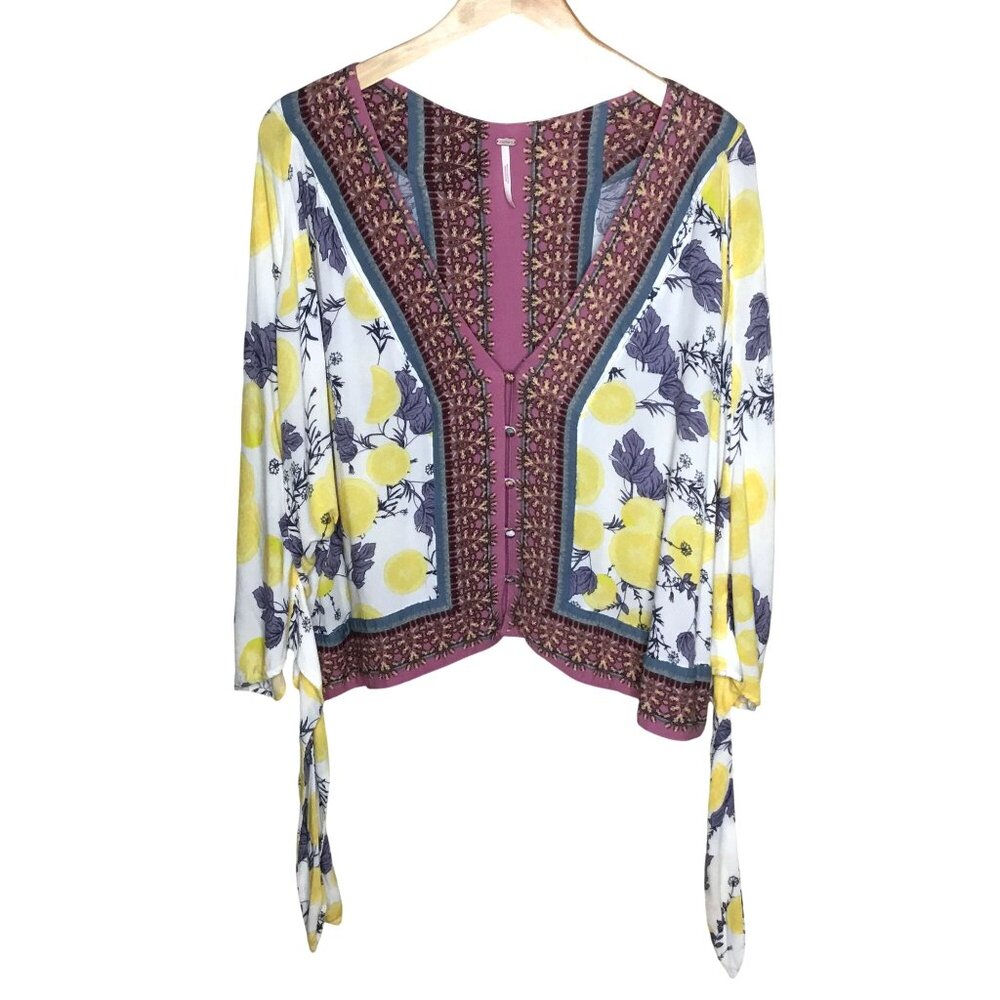FREE PEOPLE Fresh Squeezed Lemon Print Boho Blouse M Embroidered Tie Sleeve Y2K